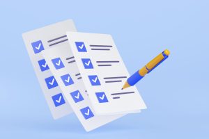 3D illustration of pen putting blue ticks on paper 3D illustration of pen putting blue ticks on checklist papers. Election voting, successful fulfillment of business tasks, action plan for effective time management, quality control assessment form